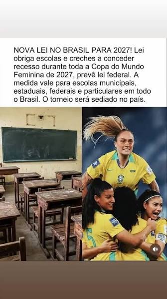 Lei da Copa Feminina obriga férias escolares de 30 dias na metade do ano em 2027