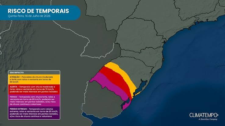 Fim de semana no RS terá ventos de até 90 km/h, granizo e chuva acima de 100 mm em poucas horas; confira a previsão