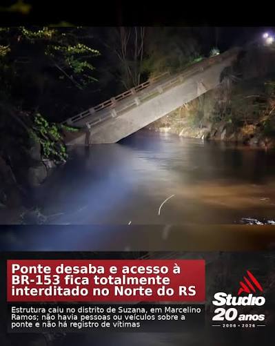 Ponte desaba em rio e acesso à BR-153 é interditado no Norte do Rio Grande do Sul